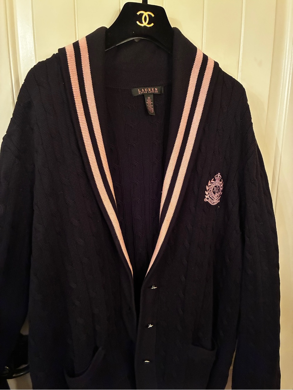 Lauren Ralph Lauren Black Cardigan with Pink Trim and Crest